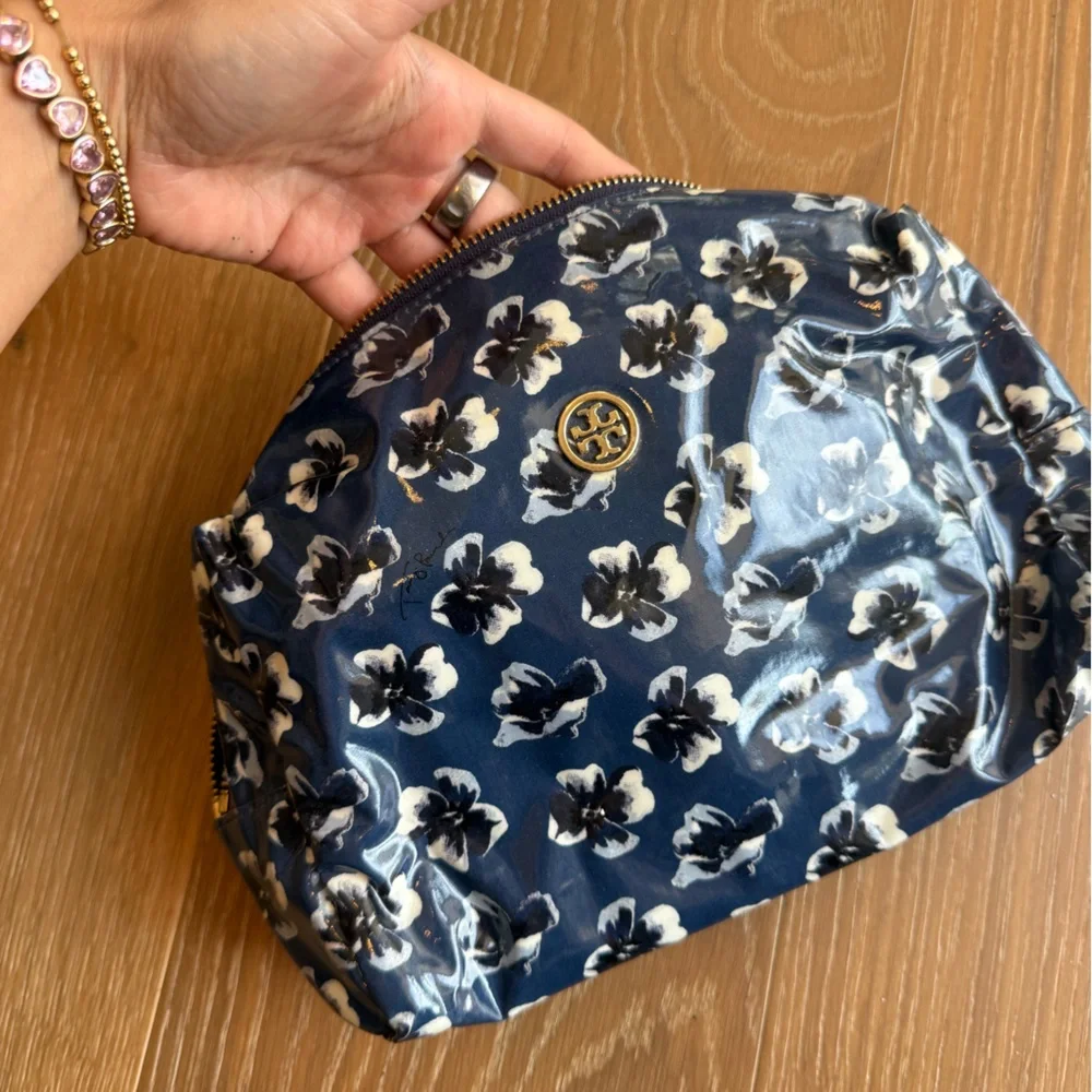 Tory Burch Navy and White Floral Pouch